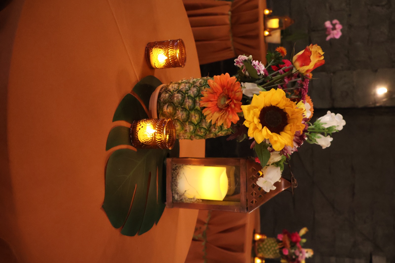 Sunflower centerpiece with lantern and candles